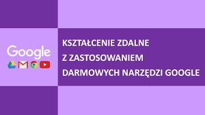 Baner z napisem "Kształcenie zdalne z zastosowaniem darmowych narzędzi google". Napisy w kolorze białym, tło naprzemienne jasny fiolet i ciemny fiolet w postaci protokątów.