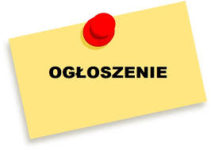 Baner "Ogłoszenie" napisany czarnymi literami na zółtym tle.