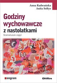 Zdjęcie okłądki książki pt. "Godziny wychowawcze z nastolatkami". U góry w prawym rogu nazwiska autorów, poniżeh od lewej tytuł, na białym tle. Dolna połowa ma kolorowe tło a na nim rozrzucone wyrazy.