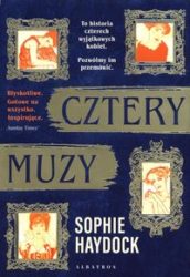 Zdjęcie okładki książki pt. "Cztery muzy". Na granatowym tle w rogach w ramkach umieszczone portrety czterech kobiet, w środkowej część okładki tytuł książki, na dole nazwisko autorki.